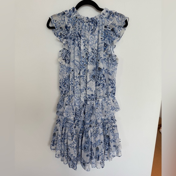 Misa Los Angeles Lilian Ruffle Mini Dress in Blue and White Peacock Print size M - Picture 5 of 7